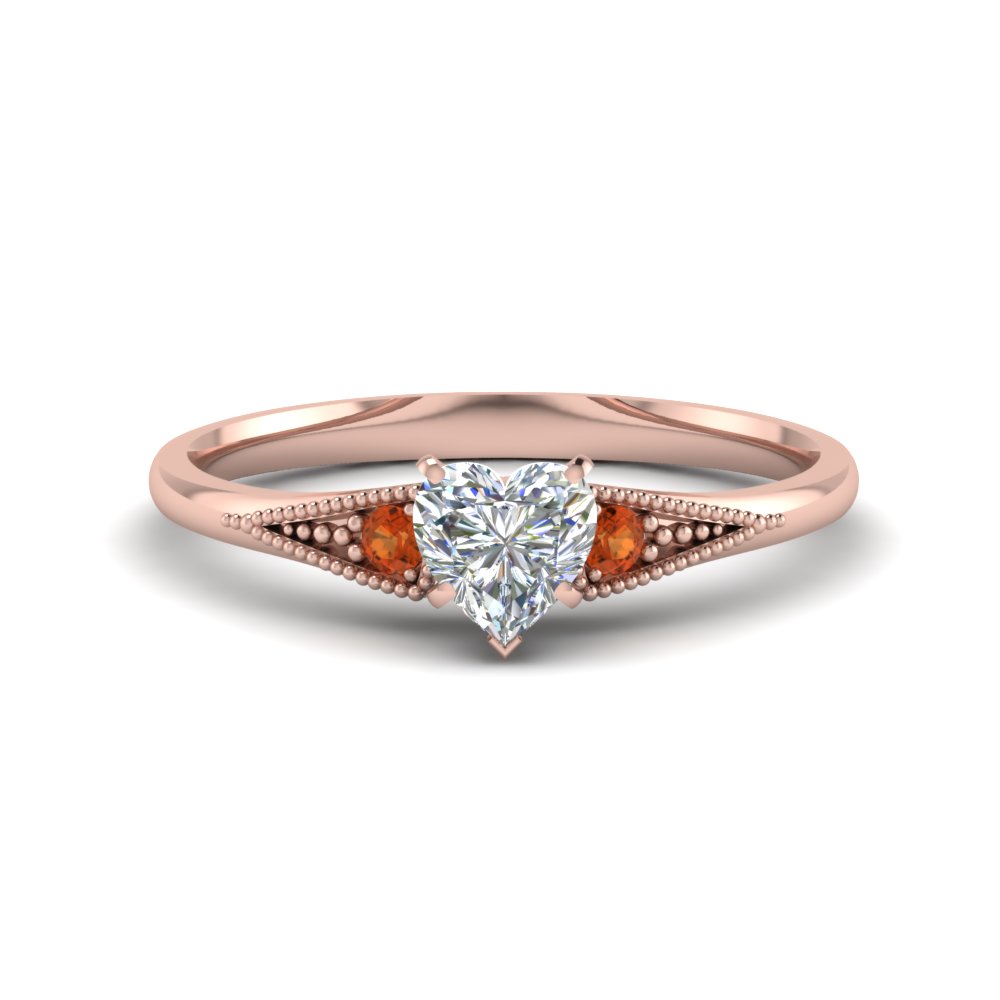 Heart Shaped Small Three Stone Milgrain Engagement Ring With Orange ...