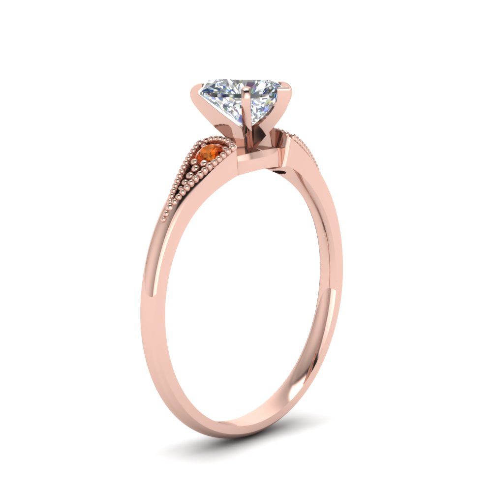 Heart Shaped Small 3 Stone Diamond Milgrain Engagement Ring With Orange ...