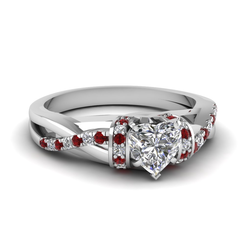 Heart Shaped Split Shank 1 Karat diamond Engagement Ring With Ruby In ...