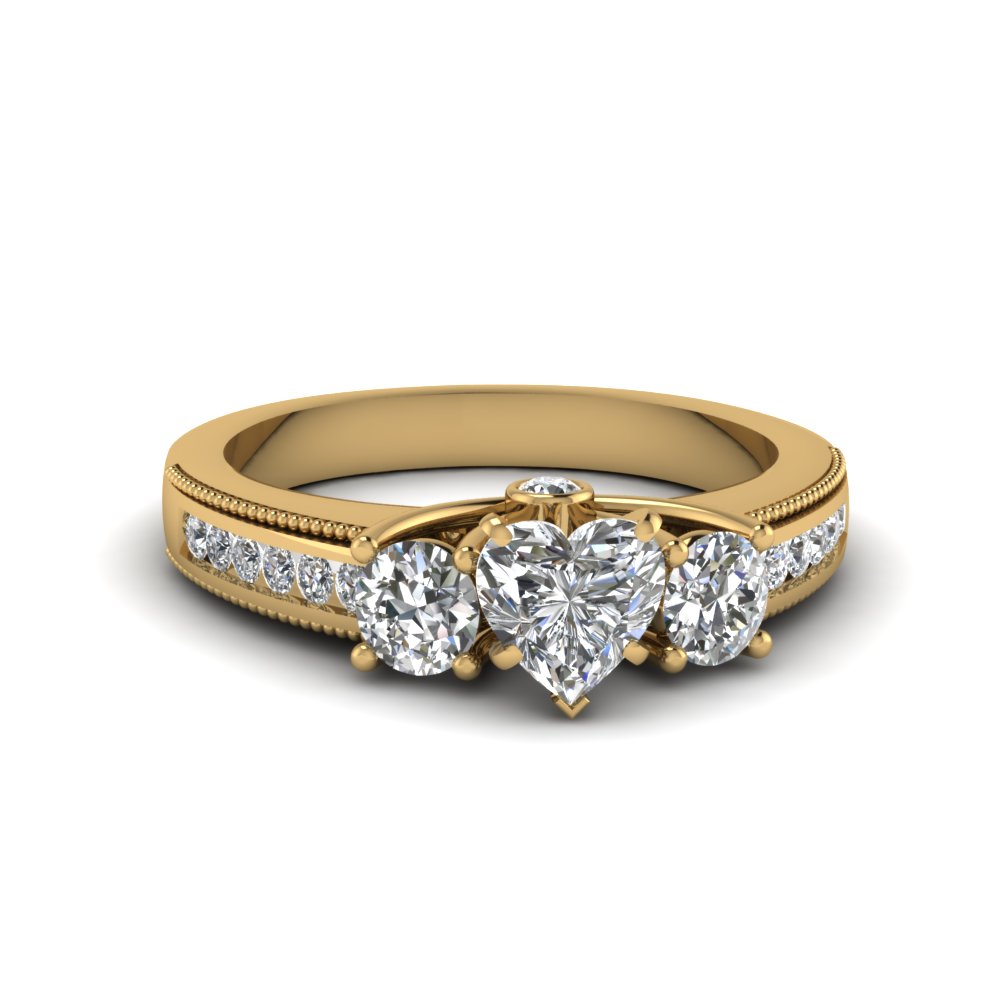 3 Stone Milgrain Heart Diamond Engagement Ring In 14K Yellow Gold ...