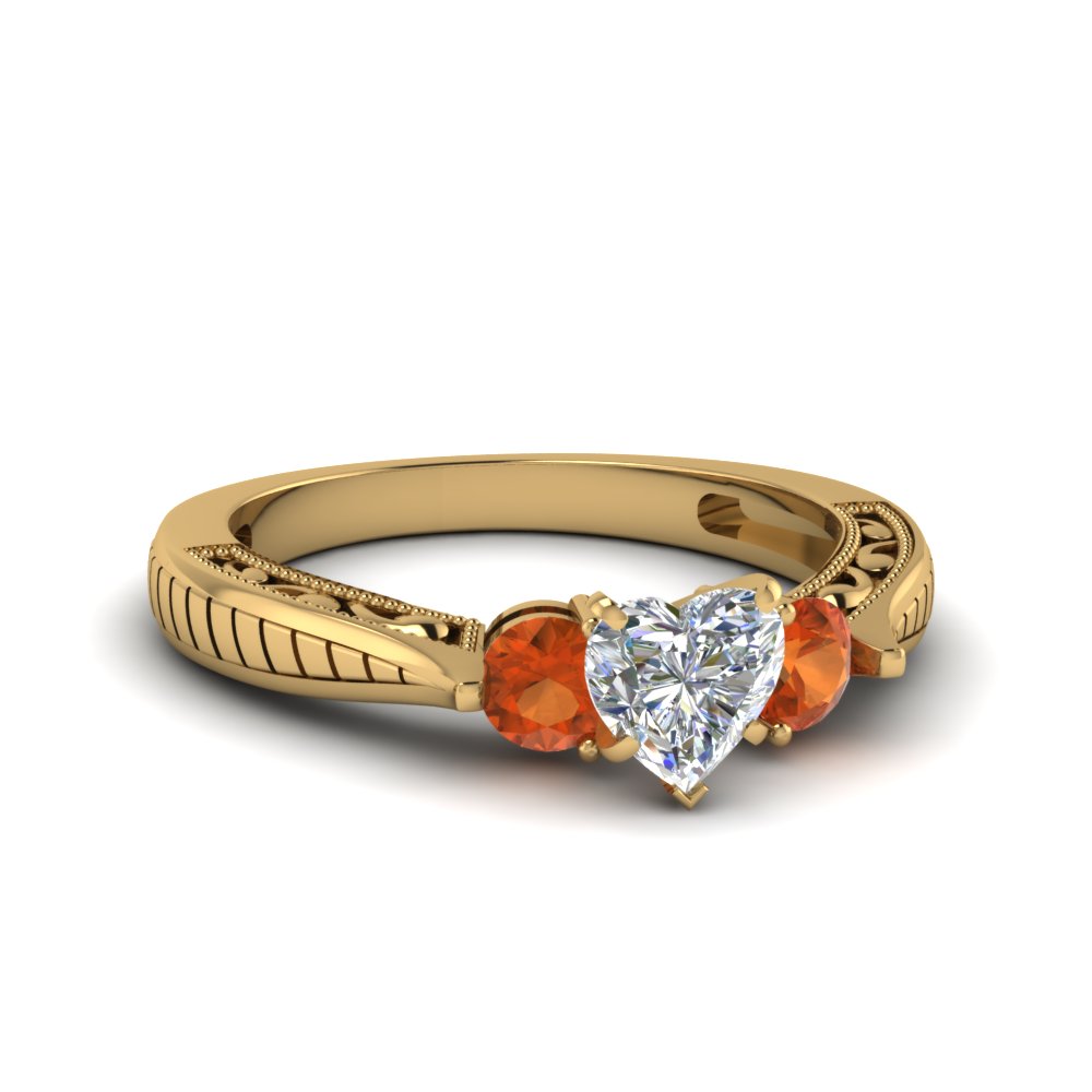 Orange Sapphire & Heart 3 Stone Diamond Engagement Rings