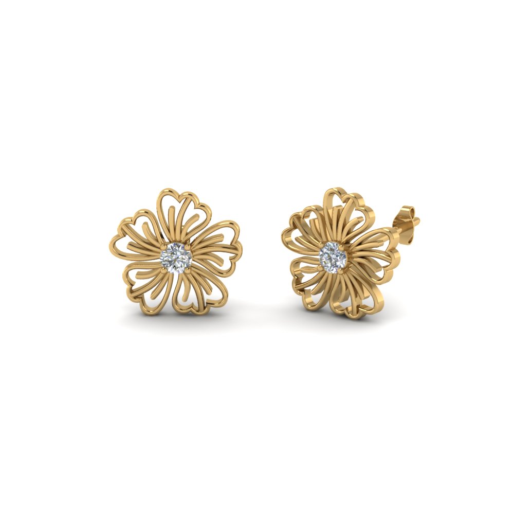 Hibiscus Flower Diamond Stud Earring In 18K Yellow Gold