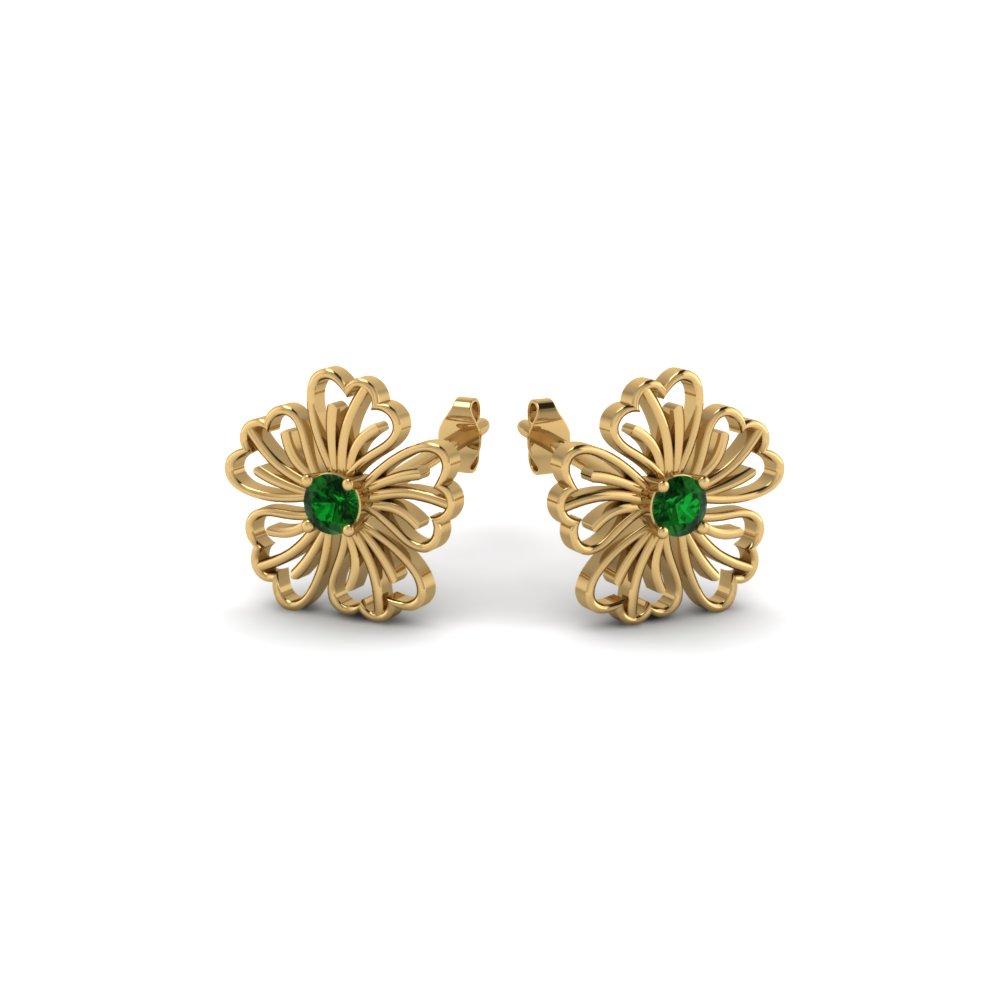 Hibiscus Flower Emerald Stud Earring In 14K Yellow Gold | Fascinating ...