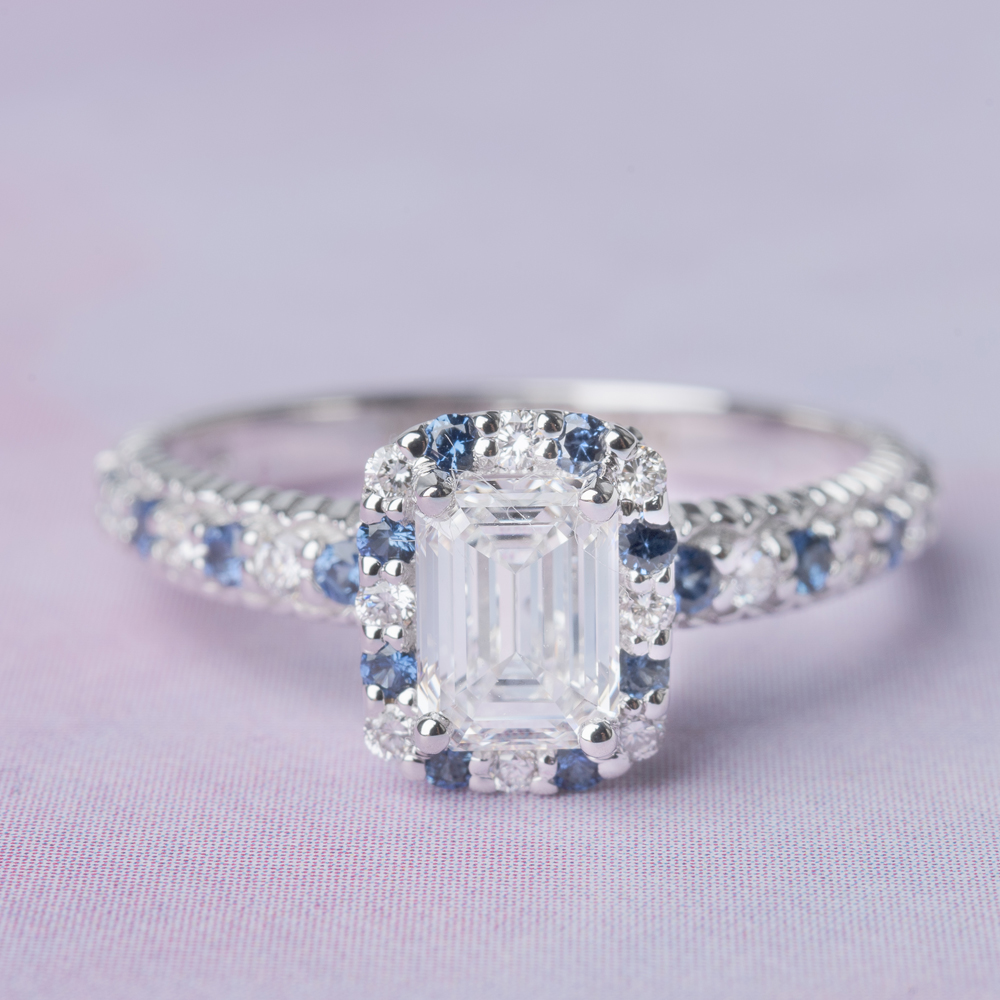 Antique Hidden Halo Emerald Cut Diamond Engagement Ring With Sapphire ...