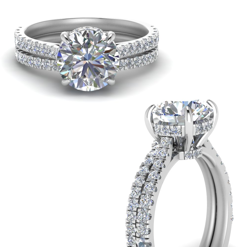 hidden halo pave set diamond ring with curved wedding band in FD9128ROANGLE3 NL WG