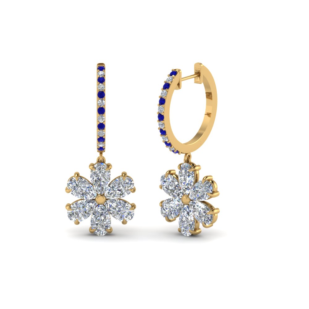 floral pear drop hoop diamond earring with blue sapphire in 14K yellow gold FDEAR8193GSABL NL YG