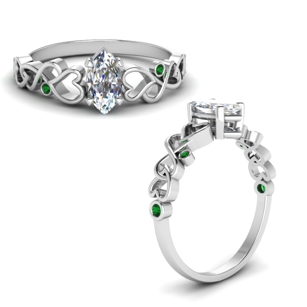 intertwined filigree marquise cut engagement ring with emerald in FD8604MQRGEMGRANGLE1 NL WG