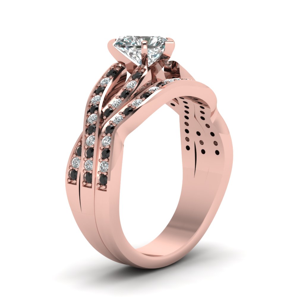  Intertwined Pave Split 1 Ct. Heart Wedding Ring Sets with Black Diamond 14K Rose Gold