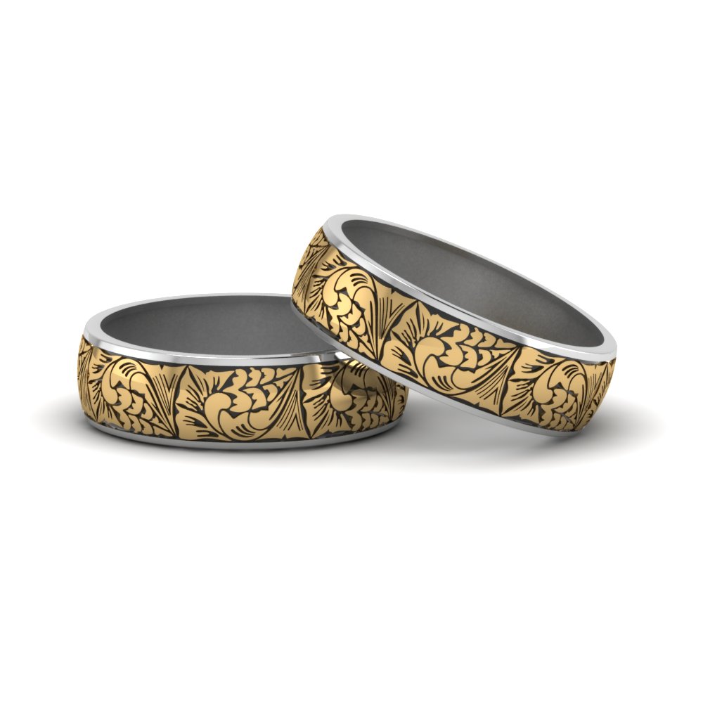 Intricate Gay  Pride Wedding  Rings  In 18K Yellow Gold  