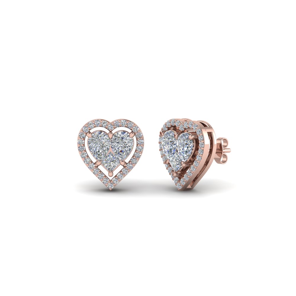 Invisible Set Heart Halo Stud Diamond Earring In 18K Rose Gold ...