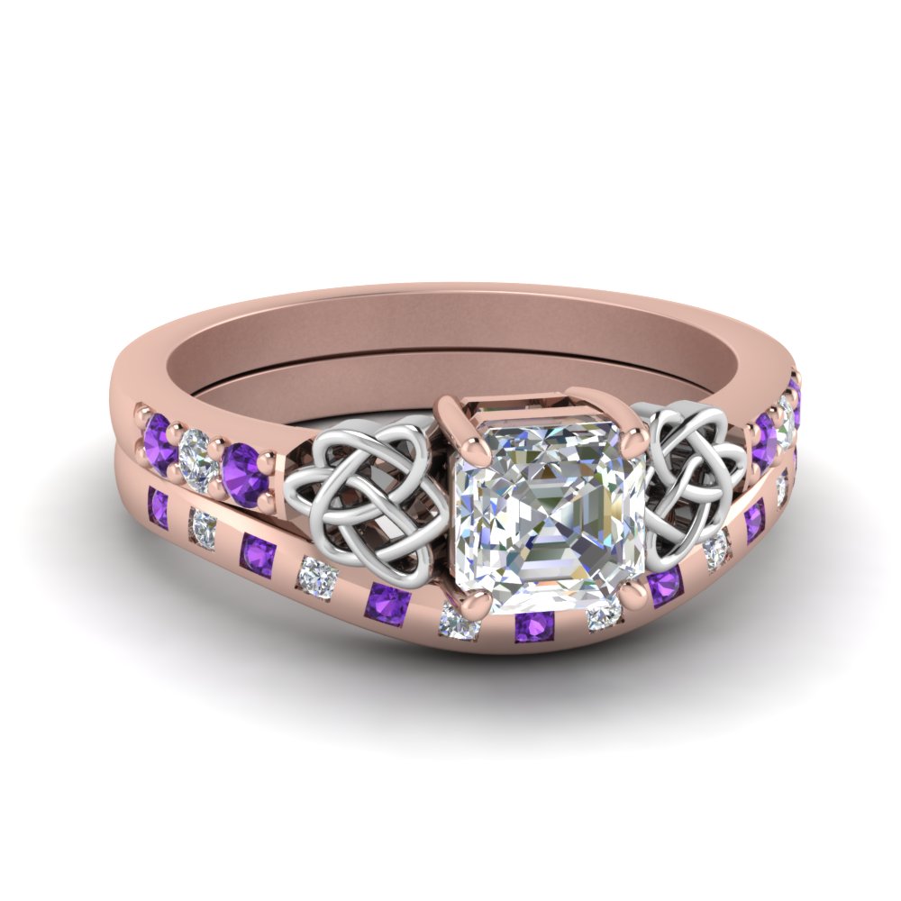 Asscher Shaped Celtic Two Tone Ring And Matching Band with Purple Amethyst in 14K Rose Gold