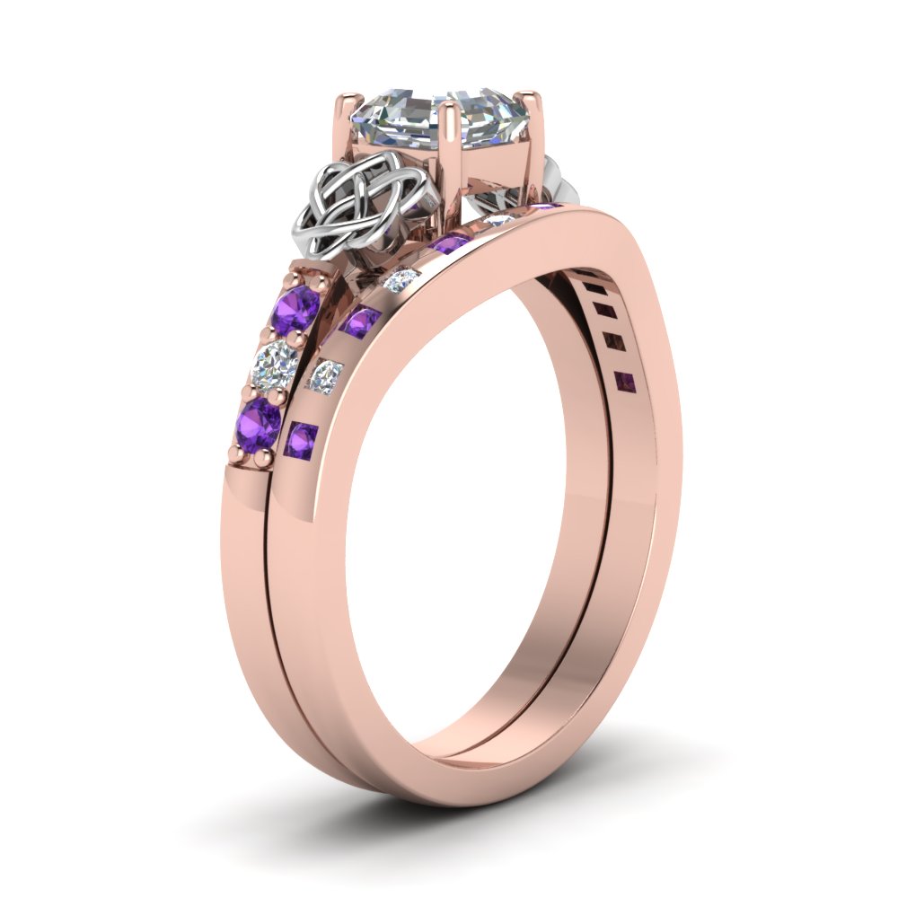 Asscher Shaped Celtic Two Tone Ring And Matching Band with Purple Amethyst in 14K Rose Gold