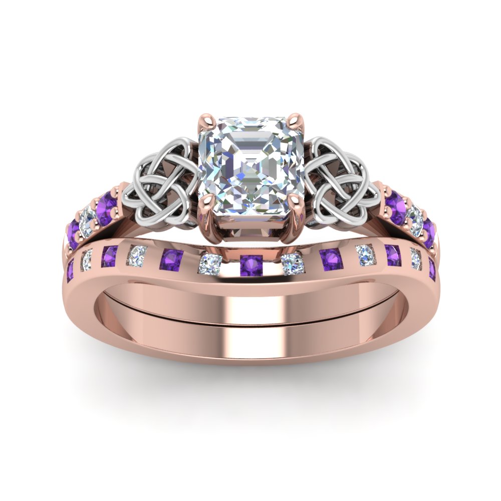 Asscher Shaped Celtic Two Tone Ring And Matching Band with Purple Amethyst in 14K Rose Gold