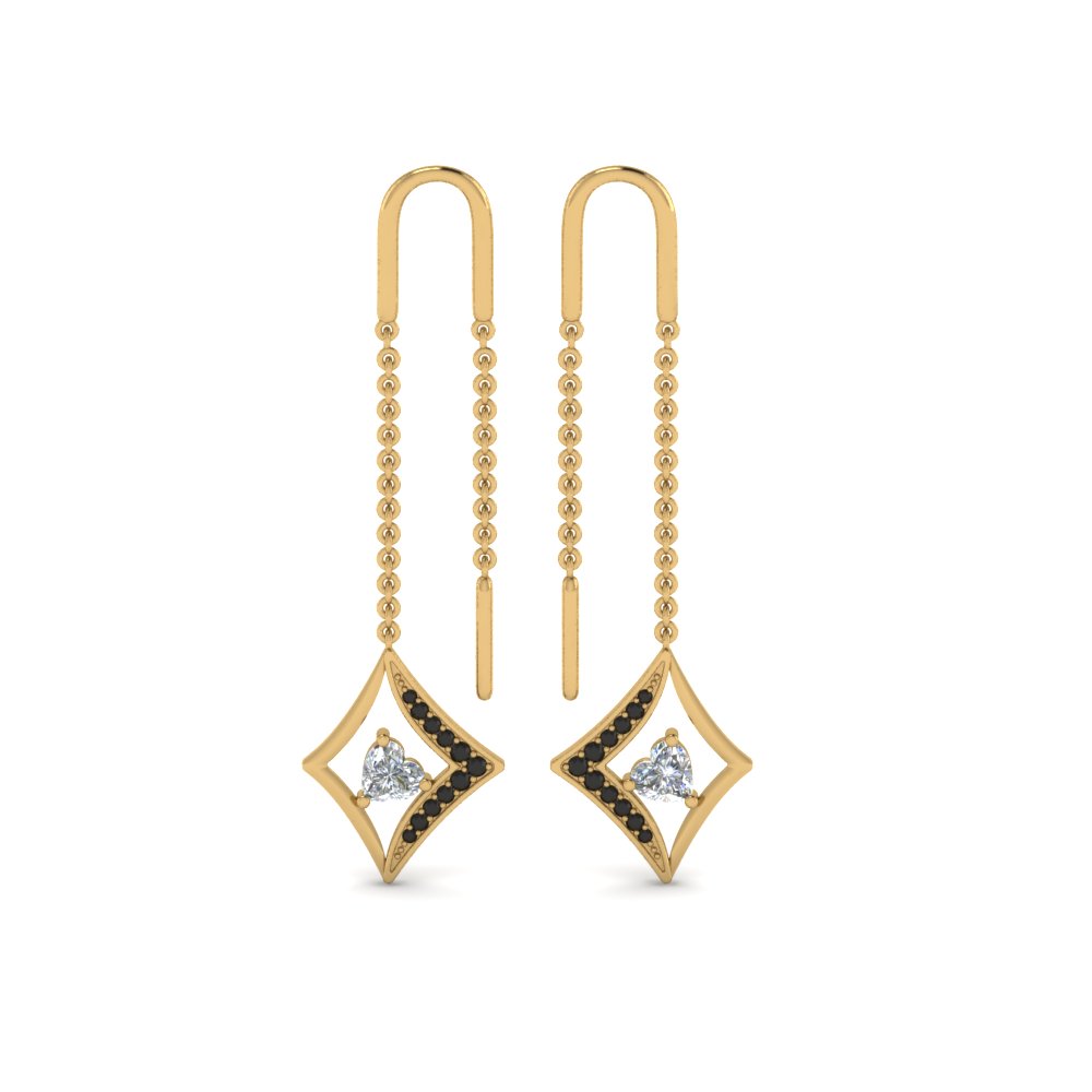 Kite Design Heart Threader Earring With Black Diamond In 14k Yellow Gold Kite Design Heart Threader Earring With Black Diamond In 14k Yellow Gold