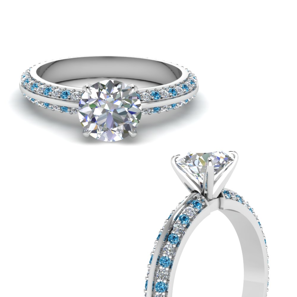 knife edge pave round cut diamond engagement ring with blue topaz in FDENS1289RORGICBLTOANGLE3 NL WG