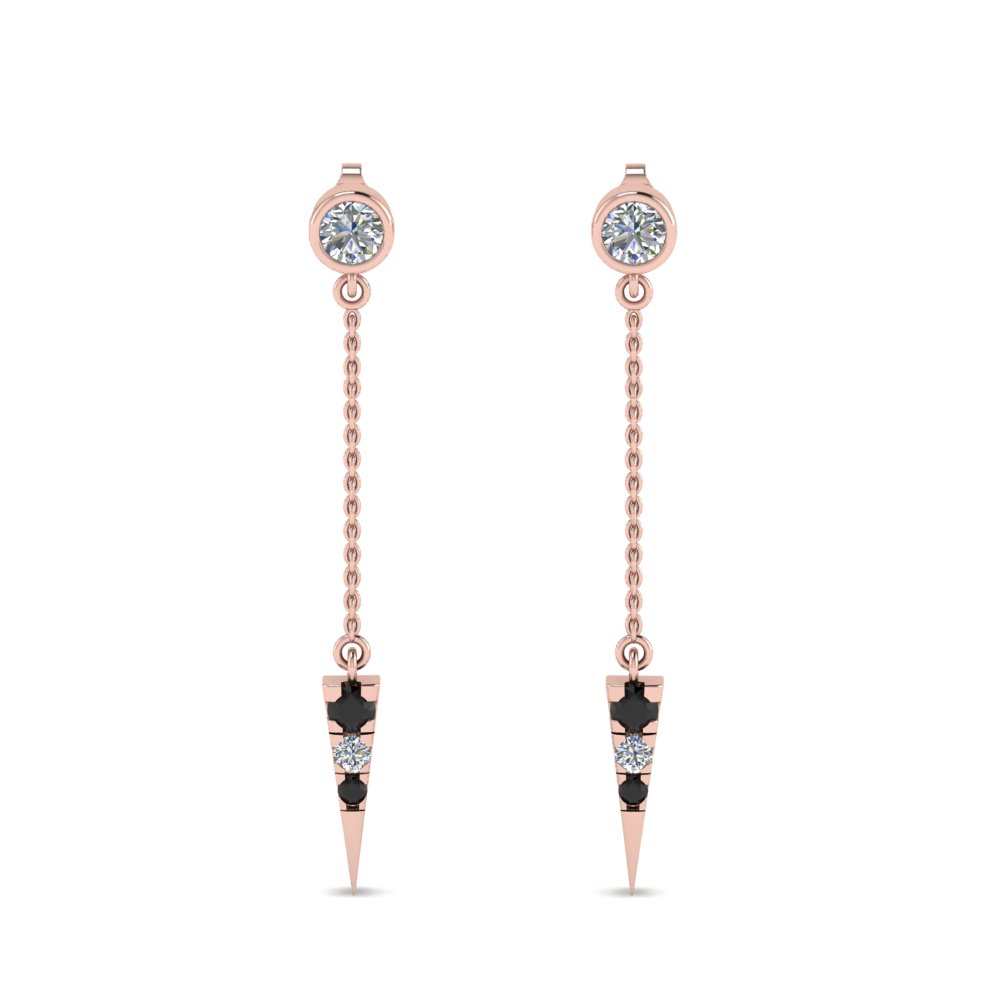 Long Chain Drop Earring With Black Diamond In 18k Rose Gold Long Chain Drop Earring With Black Diamond In