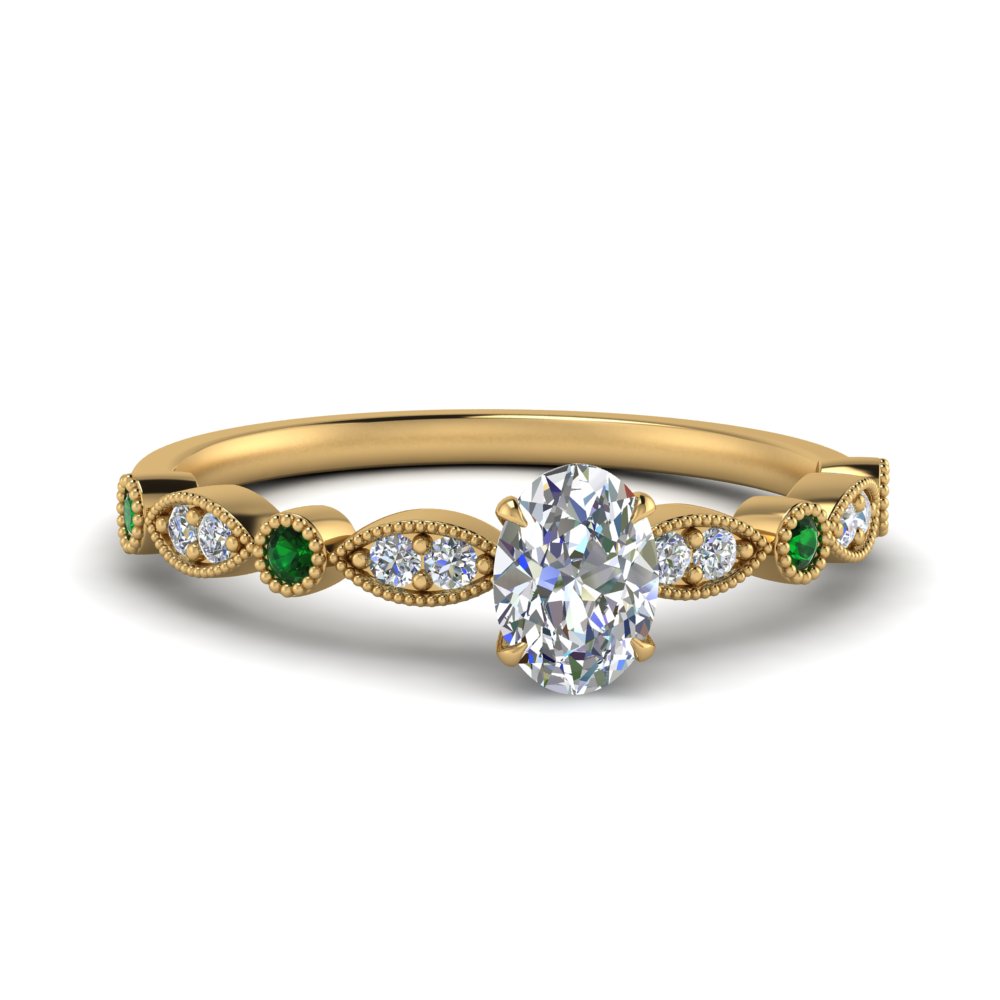 marquise and dot milgrain oval lab diamond engagement ring with emerald in FD8641OVRGEMGR NL YG