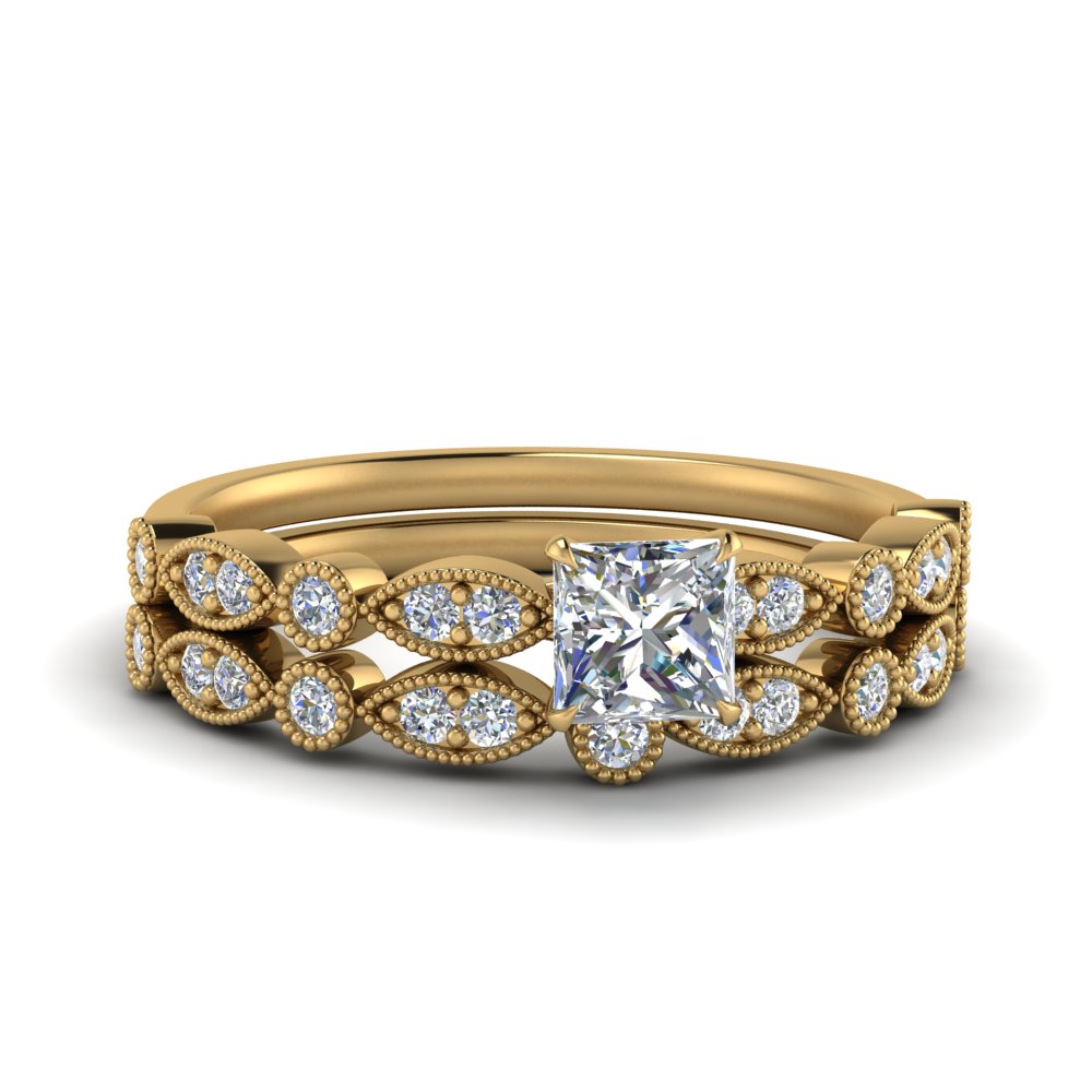 marquise-and-dot-milgrain-princess-cut-bridal-ring-set-in-FD8641PR-NL-YG