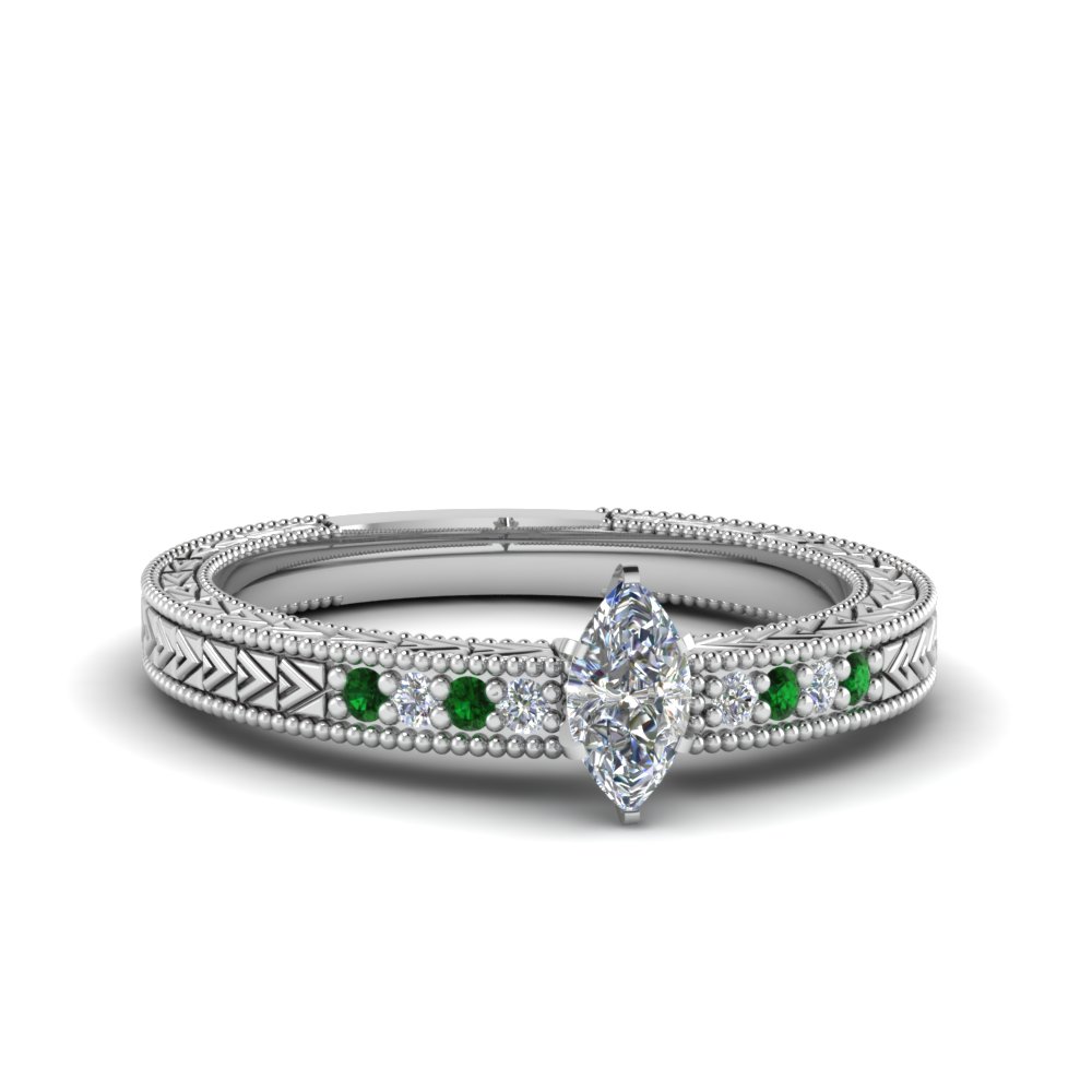 marquise cut antique design pave diamond engagement ring with emerald in FDENS3033MQRGEMGR NL WG