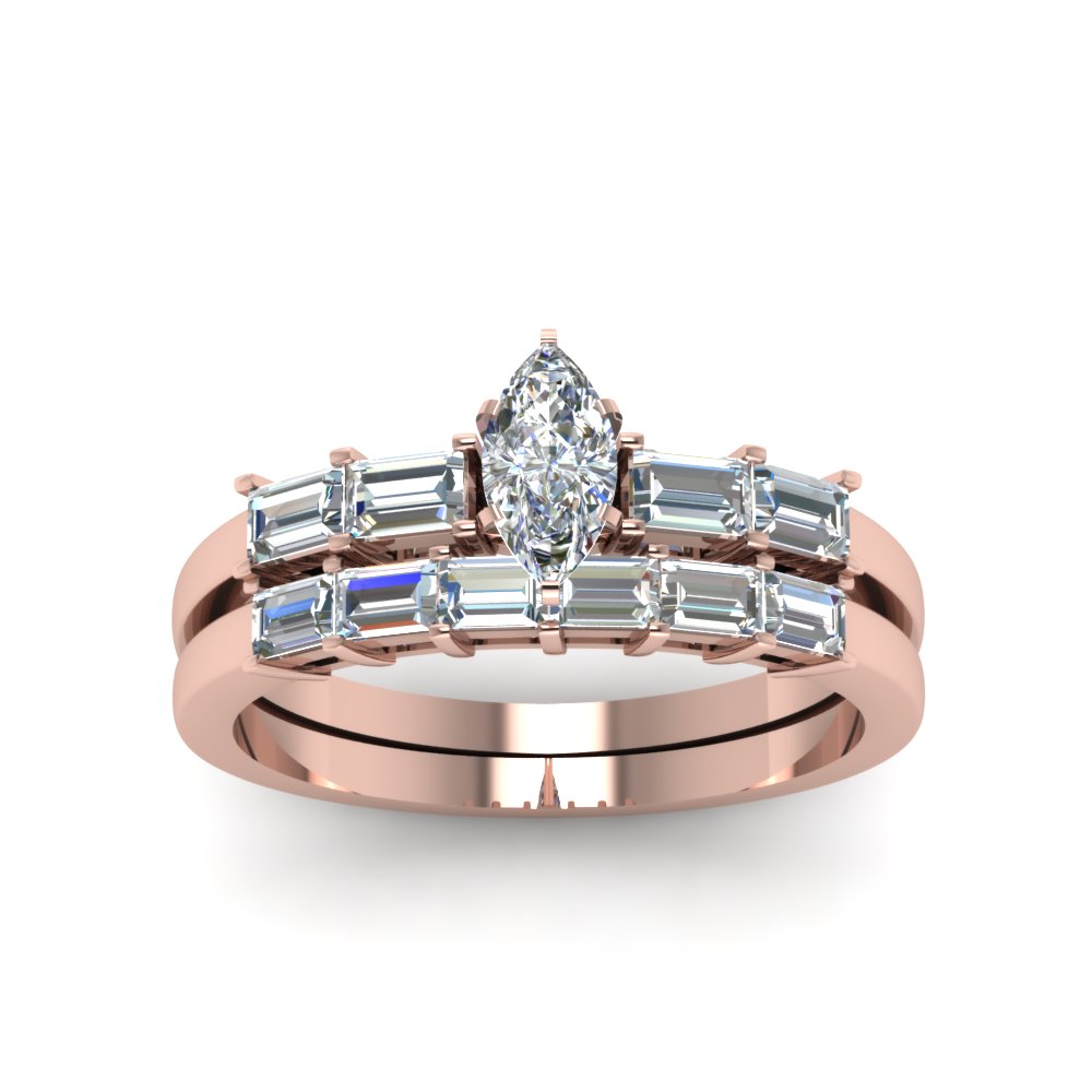 Marquise Cut Baguette Accent Diamond Wedding Ring Set In 14k Rose Gold Fascinating Diamonds