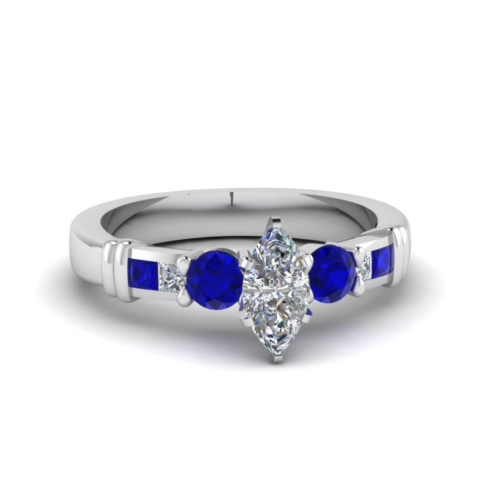 Marquise Cut Channel Bar Set Diamond Engagement Ring With Blue Sapphire ...