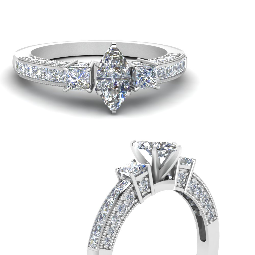 Marquise Cut Channel Set 3 Diamond Accent Engagement Ring In 950 ...