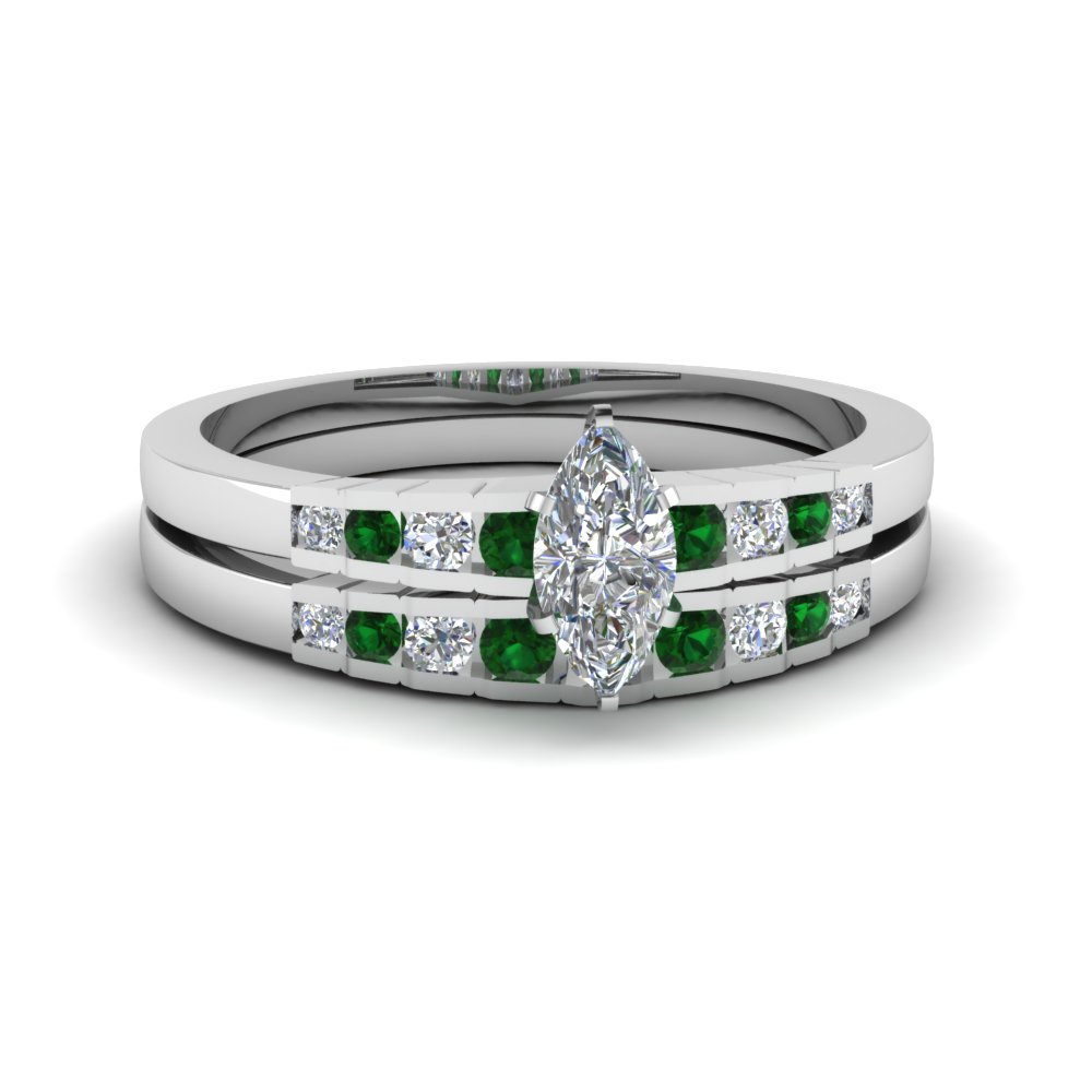 marquise cut diamond graduated accent wedding set with emerald in 14K white gold FDENS3116MQGEMGR NL WG