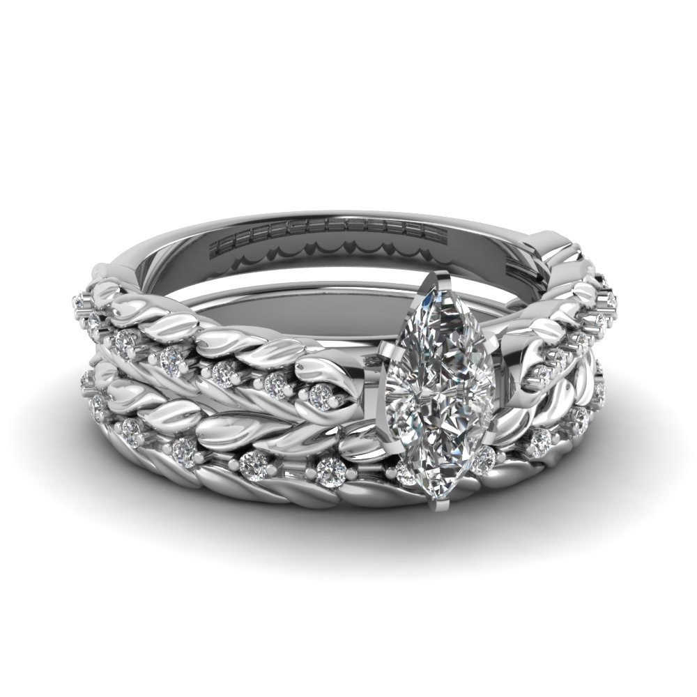 Leaf Design Marquise Cut Diamond Wedding Ring Set In 14K
