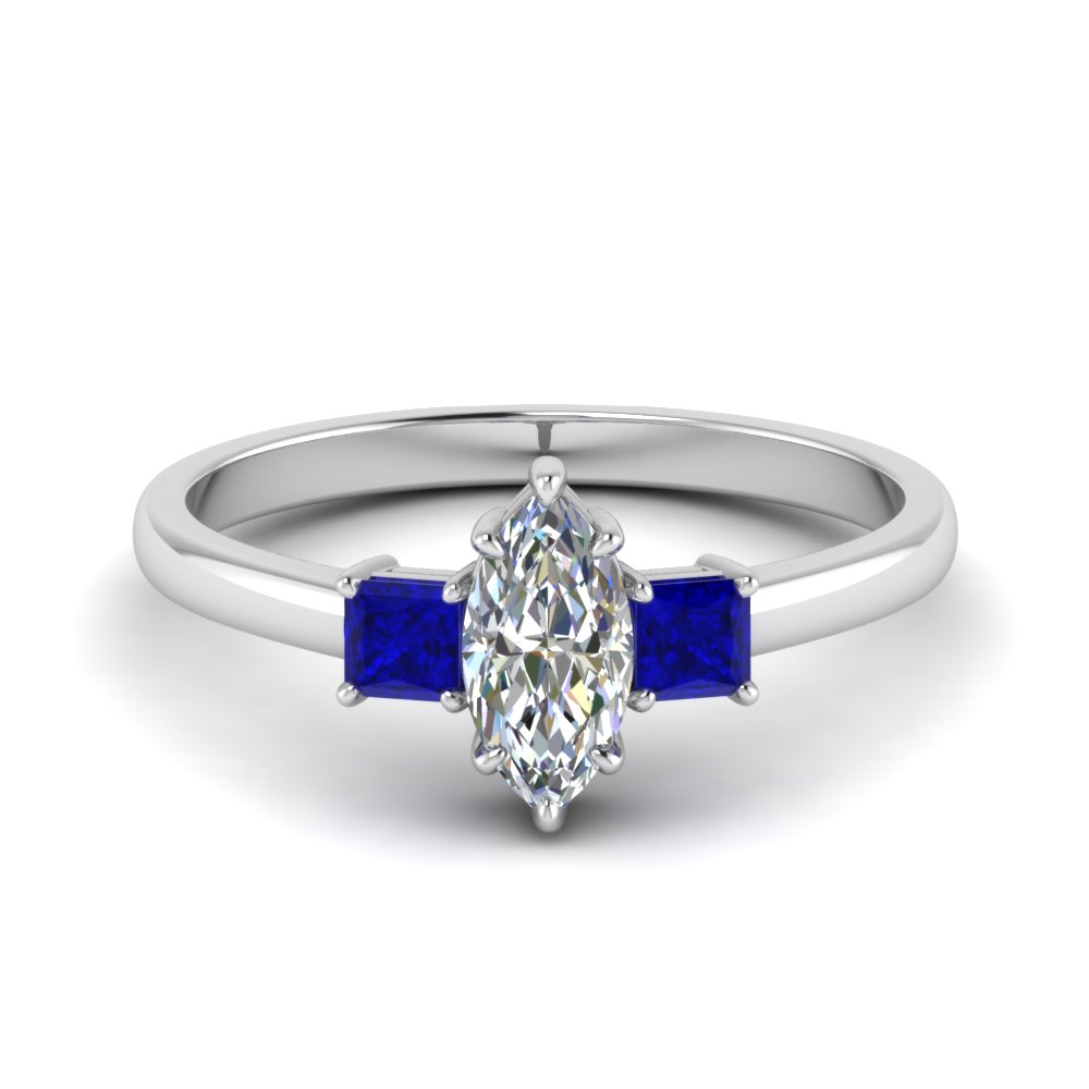 3 Stone Marquise Cut Engagement Ring With Sapphire In 18K White Gold ...
