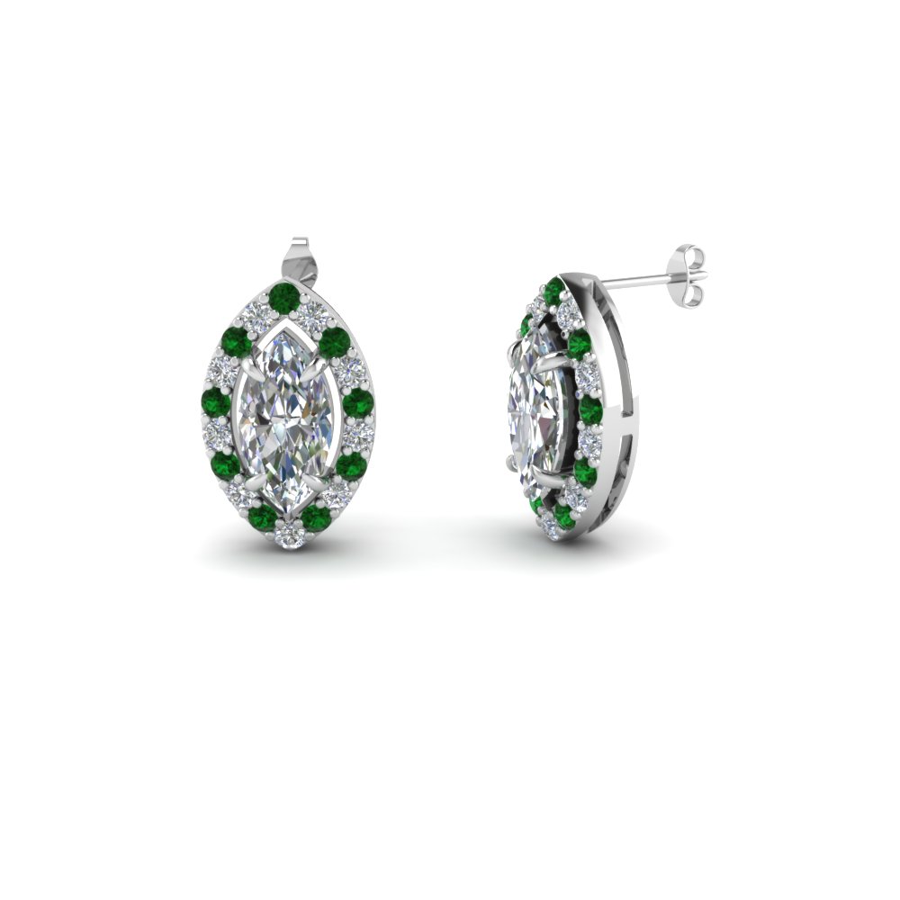 Marquise Cut Diamond Stud Earrings With Emerald In 950 Platinum