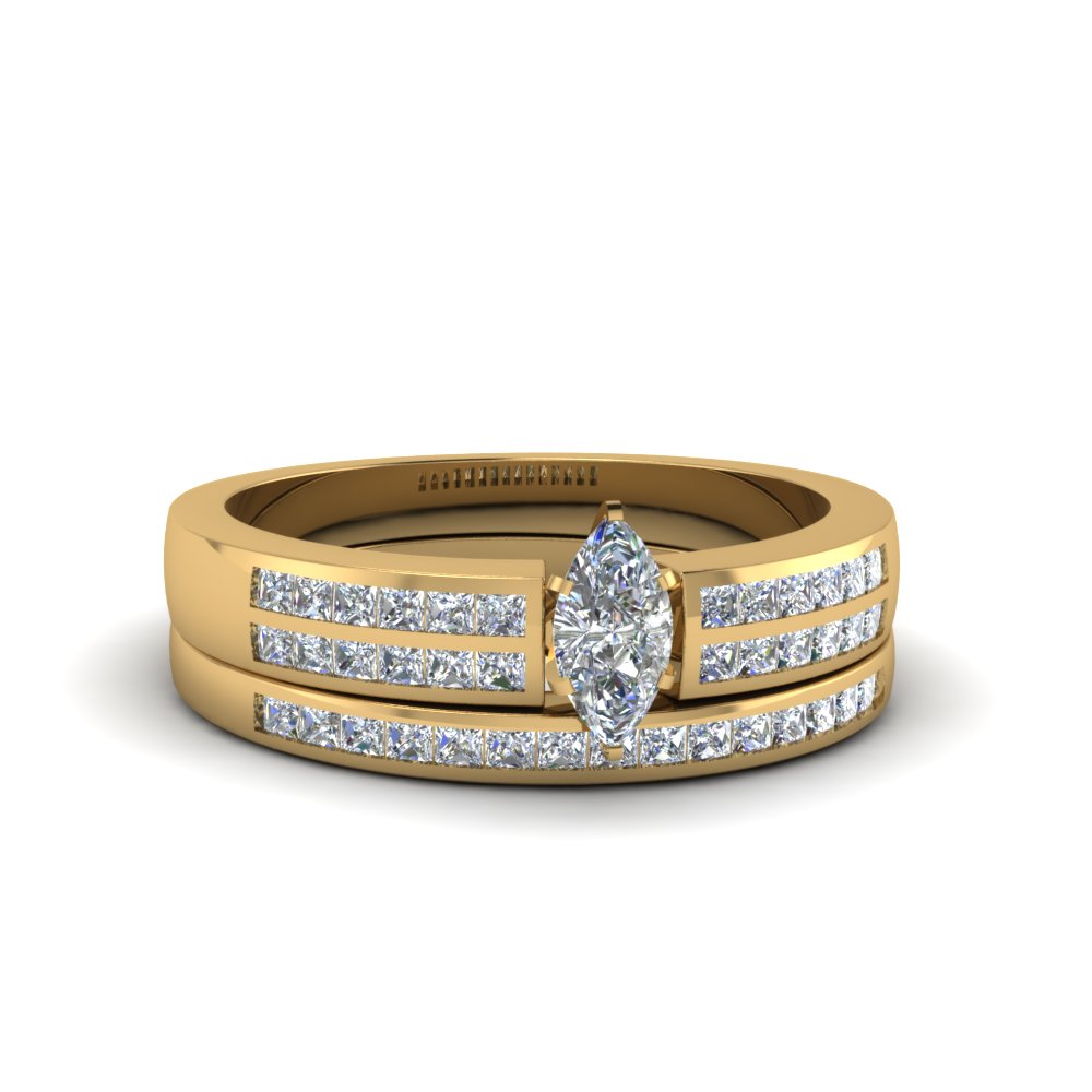 Marquise Cut Double Row Channel Diamond Wide Bridal Set In 14K Yellow Gold | Fascinating Diamonds