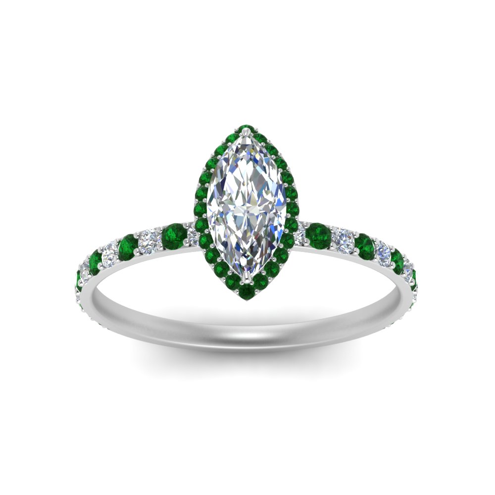 Marquise Cut Emerald Halo Diamond Engagement Ring In 14K White Gold ...