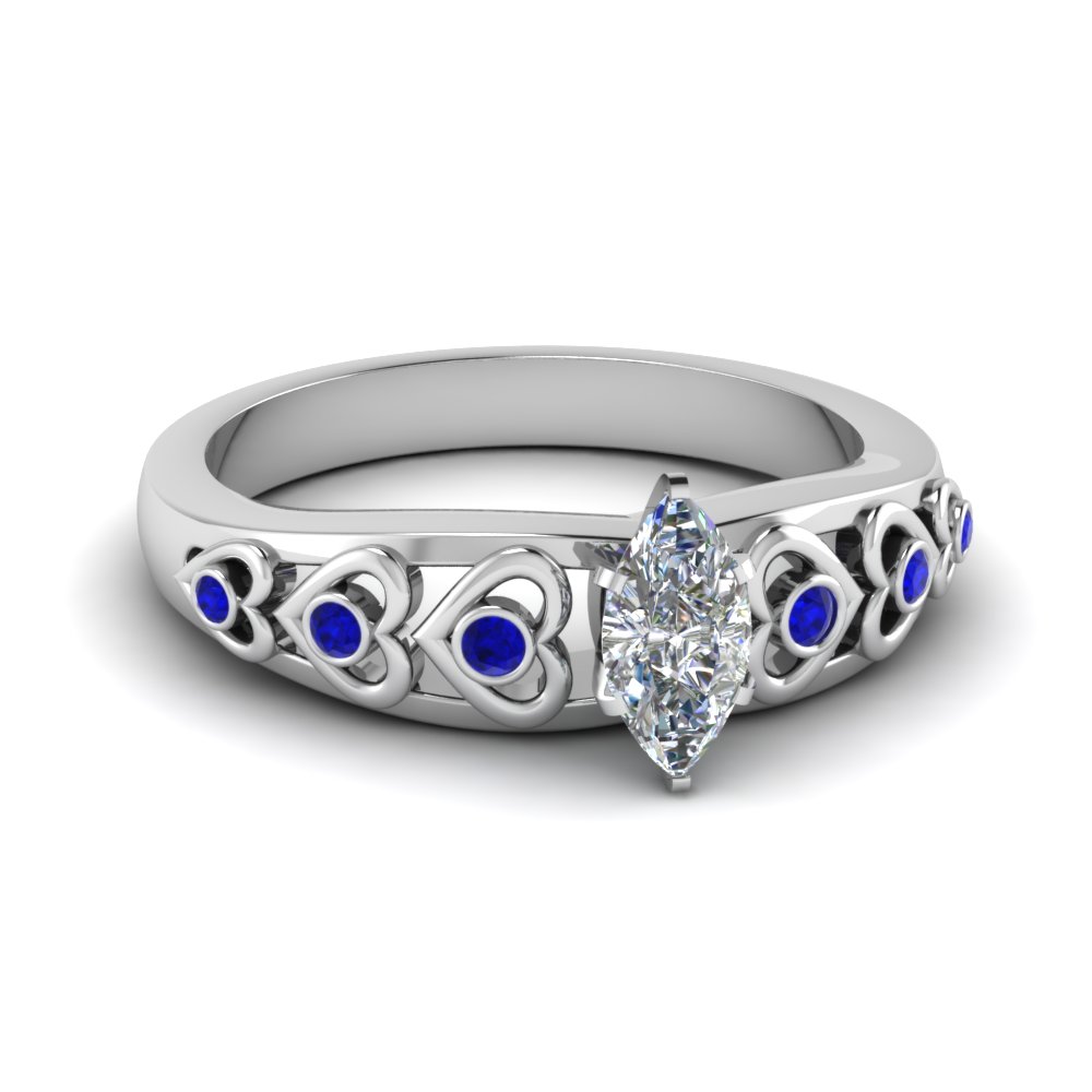 Marquise Cut Heart Design Diamond Accent Engagement Ring With Sapphire ...