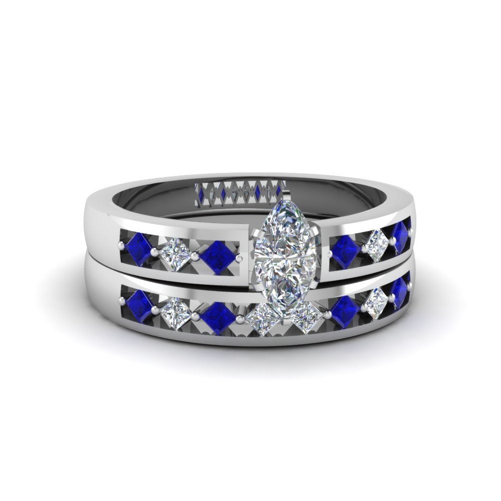 Kite Set Marquise Diamond Wedding Ring Set With Sapphire In 14K White ...