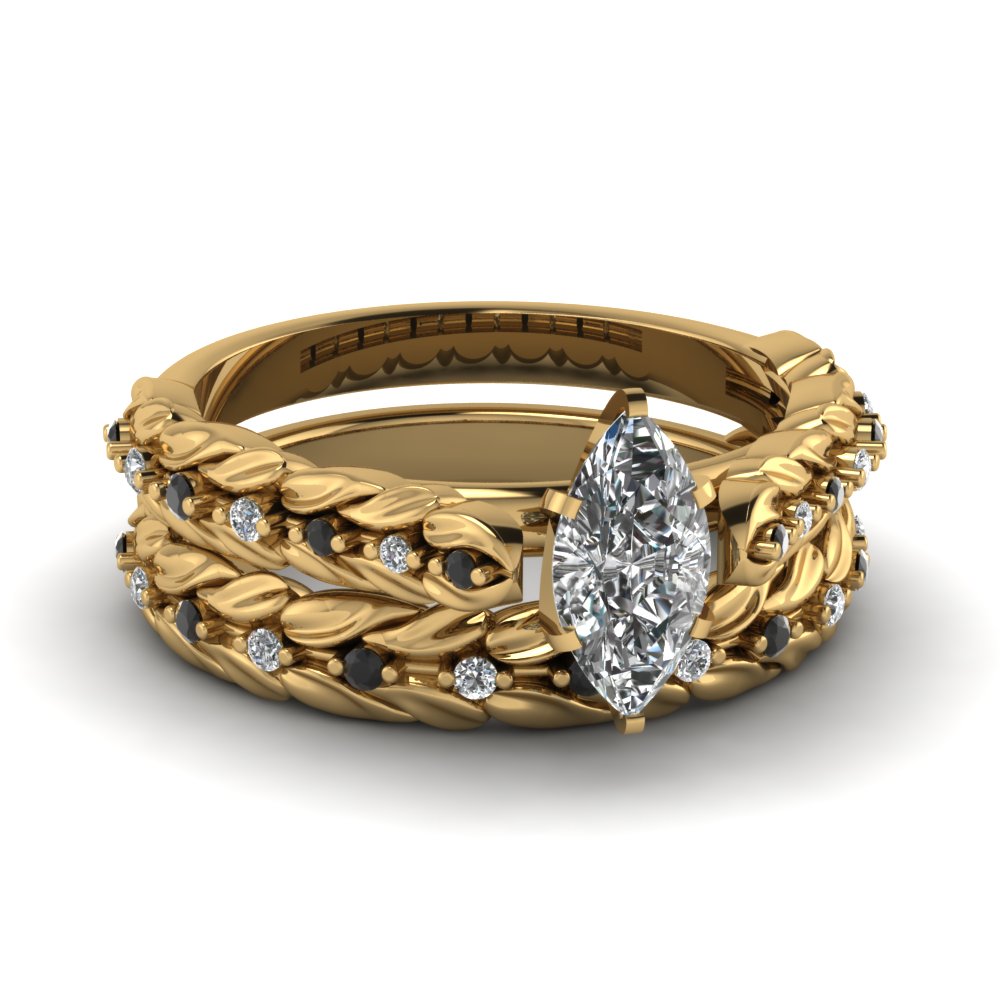 Leaf Design Marquise Cut Wedding Ring Set With Black
