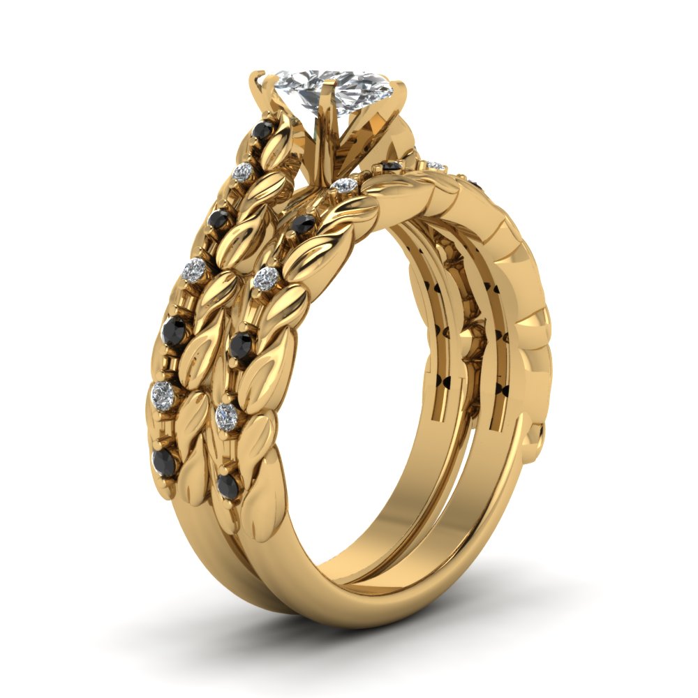Leaf Design Marquise Cut Wedding Ring Set With Black