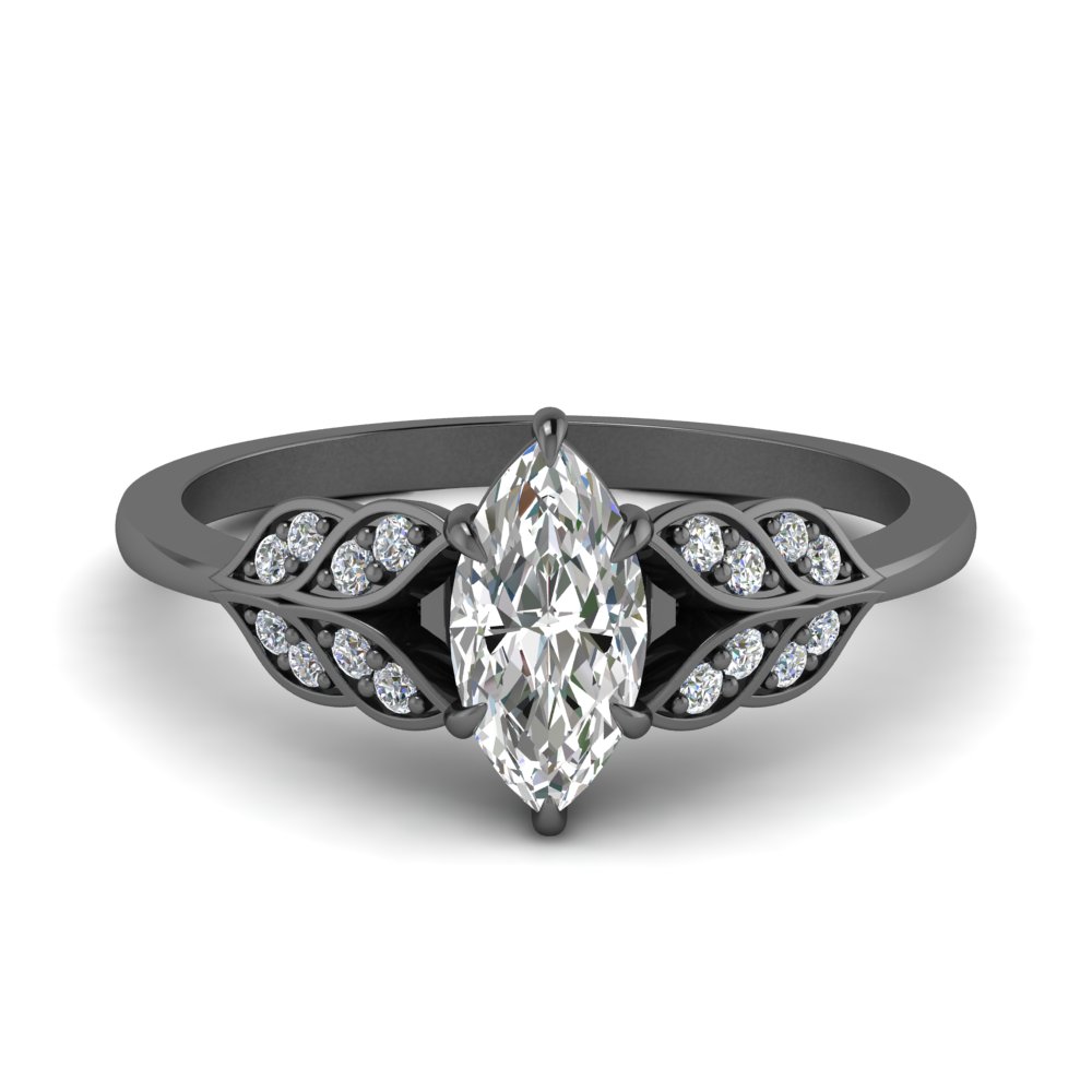Marquise Shaped Leafy Diamond Ring with White Diamond in 14K Black Gold