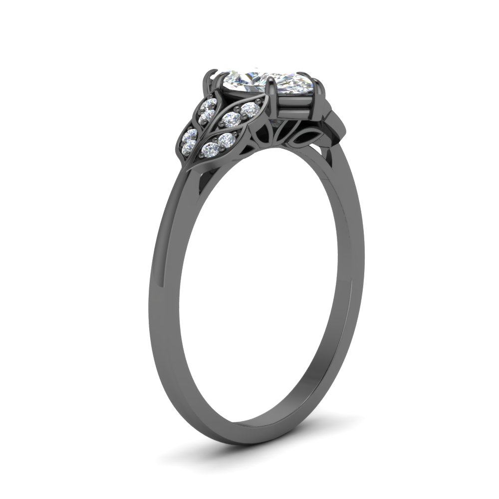 Marquise Shaped Leafy Diamond Ring with White Diamond in 14K Black Gold