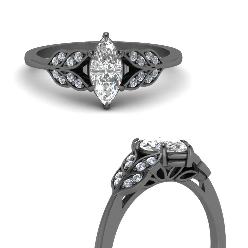 Marquise Shaped Leafy Diamond Ring with White Diamond in 14K Black Gold