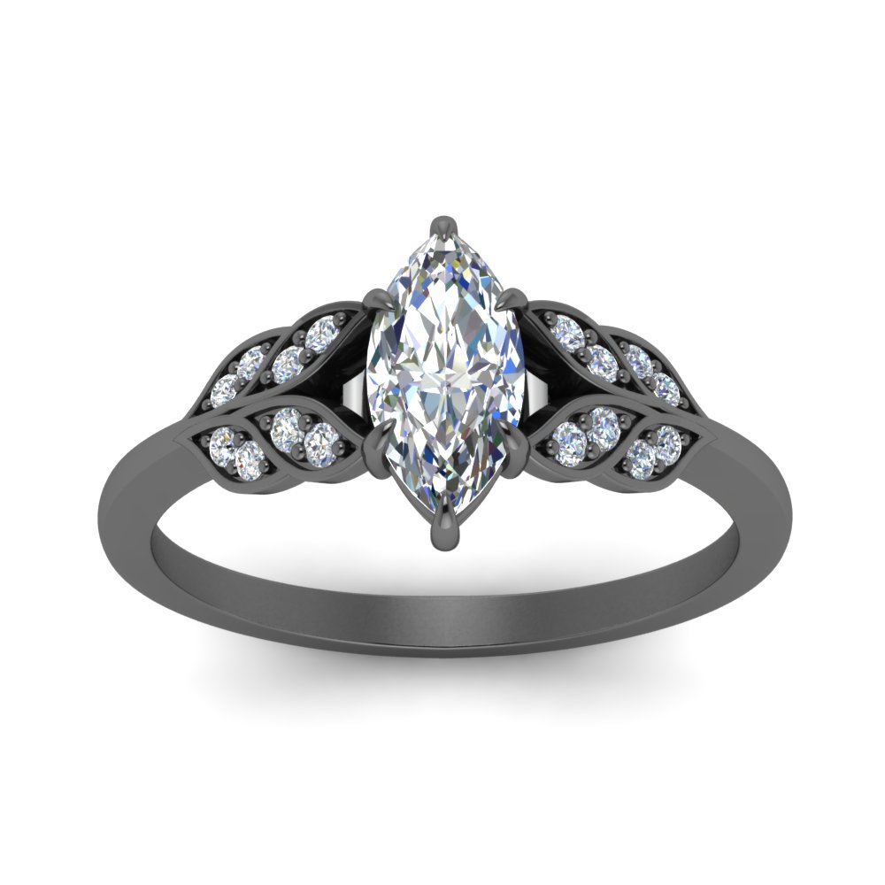 Marquise Shaped Leafy Diamond Ring with White Diamond in 14K Black Gold