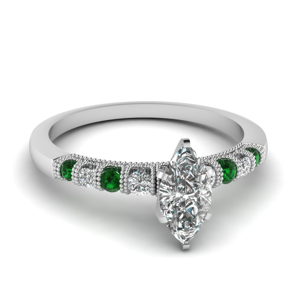 Platinum Marquise Shaped Round Cut Channel Green Emerald Engagement ...