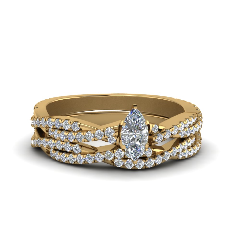 marquise cut simple diamond twisted vine bridal ring set in 14K yellow gold FD8233MQ NL YG