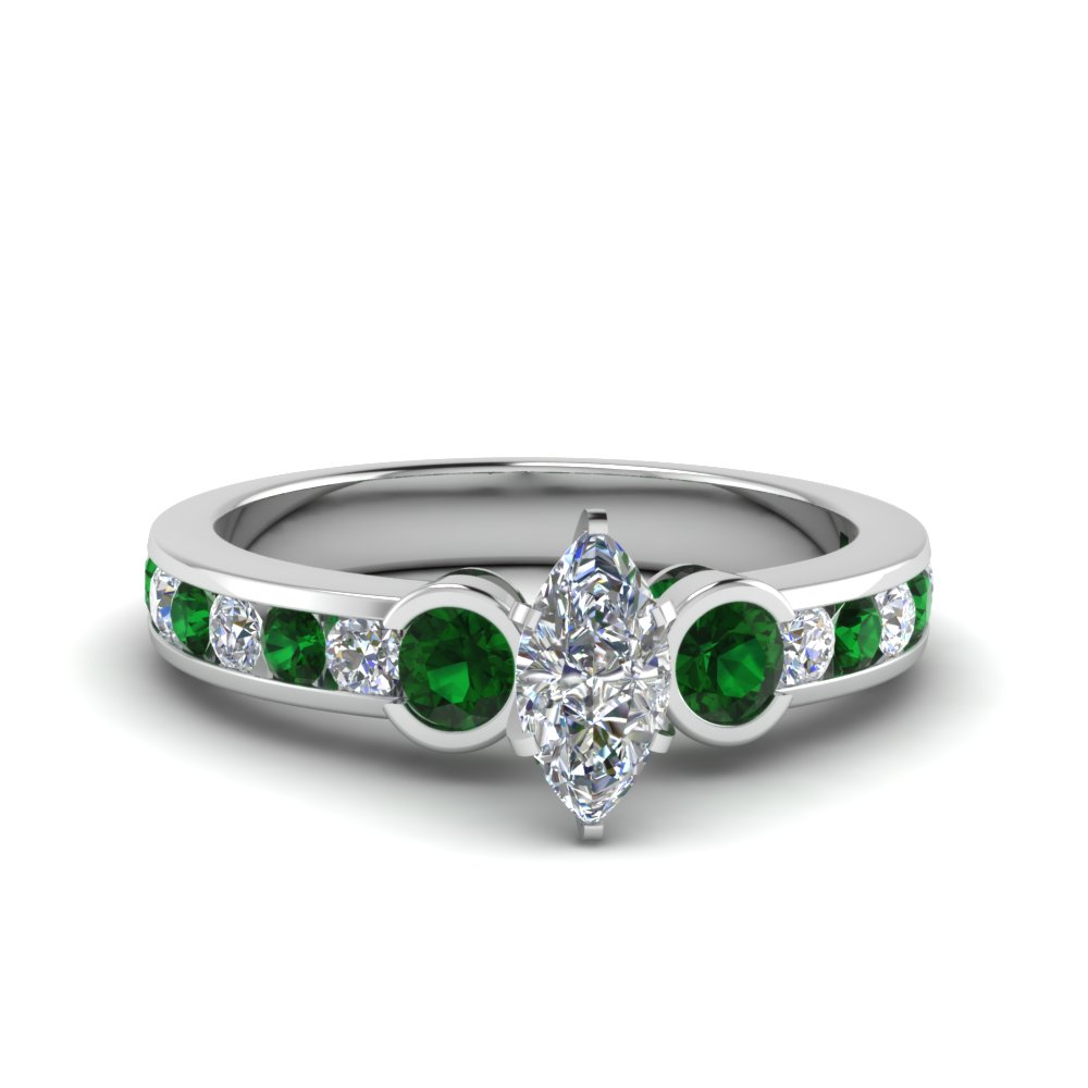 Platinum Marquise Shaped Round Cut Channel Green Emerald Engagement ...