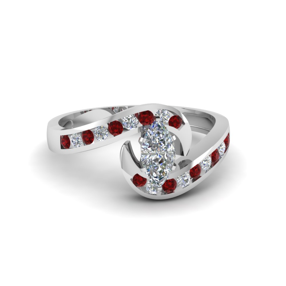 marquise cut twist channel set diamond engagement ring with ruby in 18K white gold FDENS594MQRGRUDR NL WG