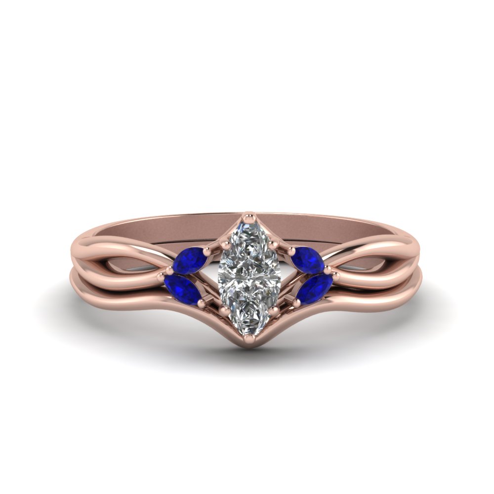 Marquise Shaped Marquise Twisted Diamond Ring With Matching Curved Band with Blue Sapphire 18K Rose Gold