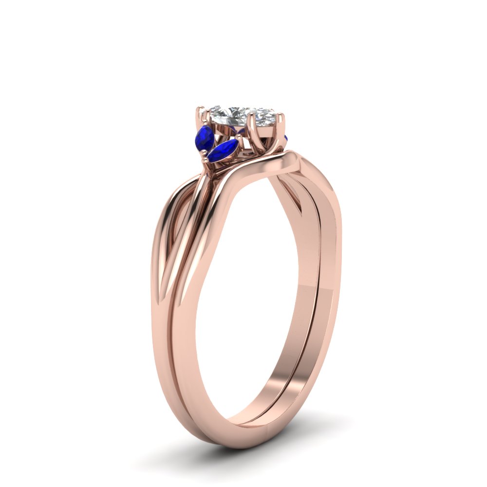 Marquise Shaped Marquise Twisted Diamond Ring With Matching Curved Band with Blue Sapphire 18K Rose Gold