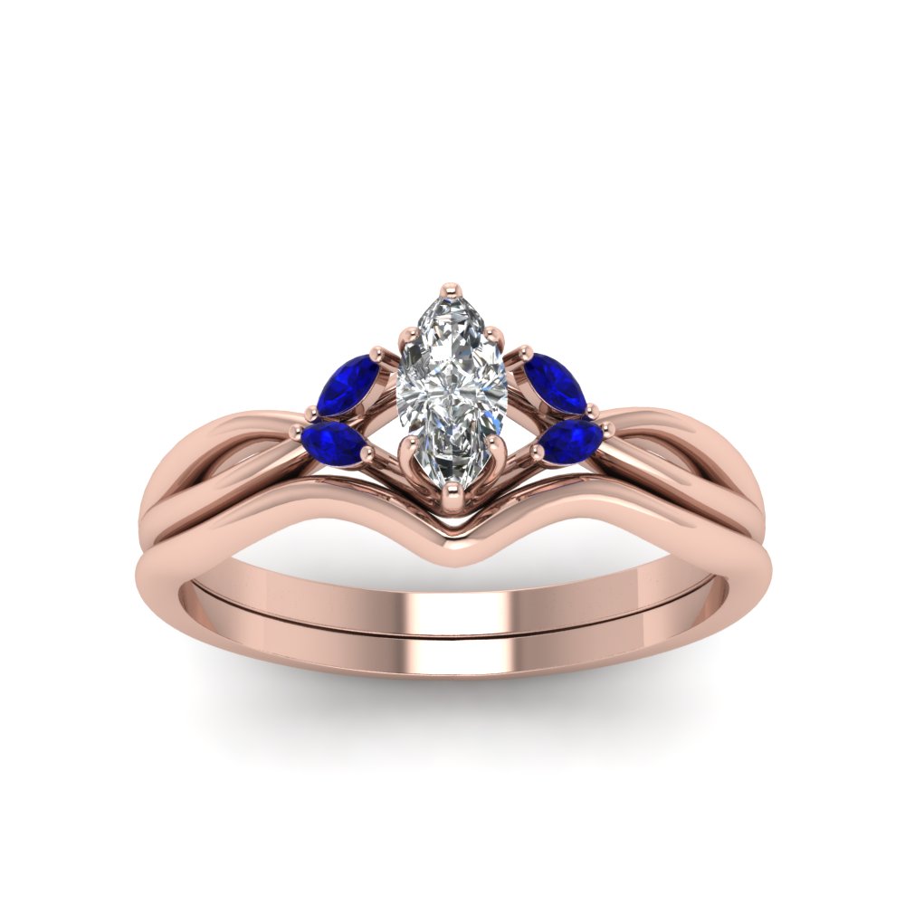 Marquise Shaped Marquise Twisted Diamond Ring With Matching Curved Band with Blue Sapphire 18K Rose Gold