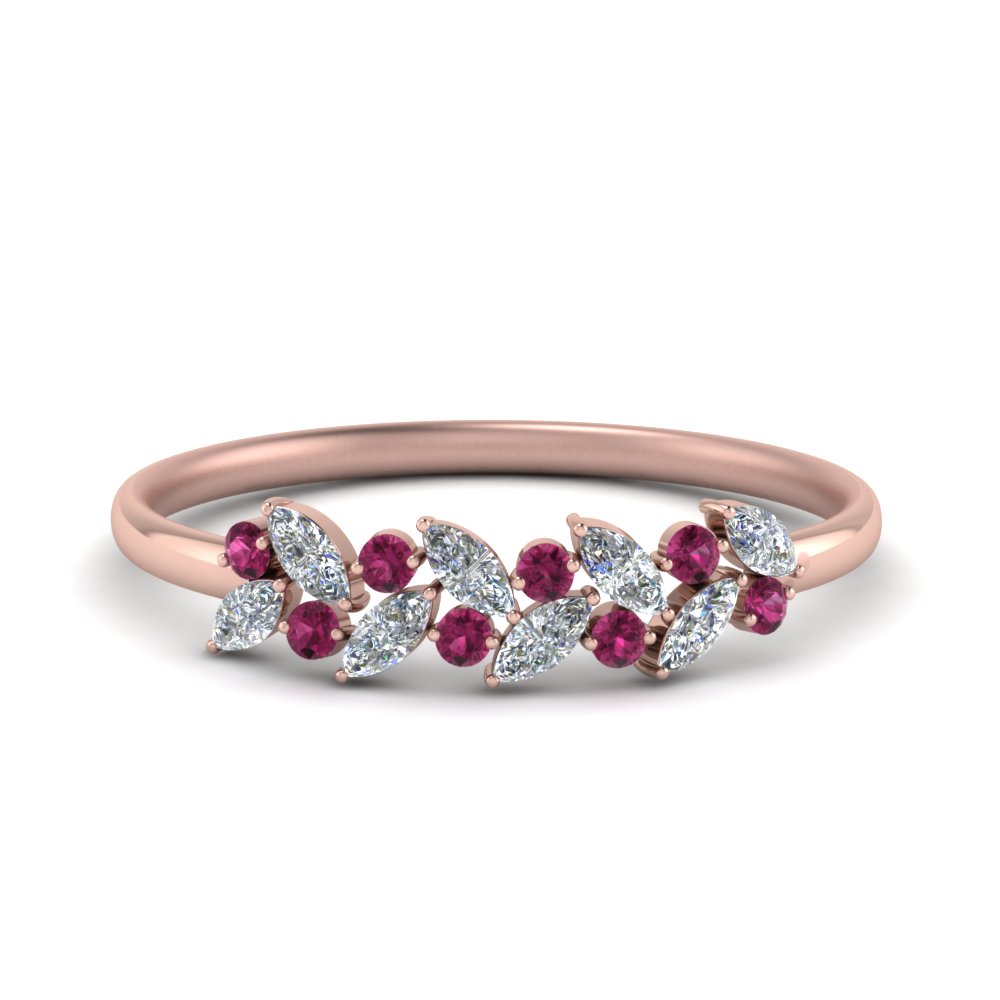 Marquise Diamond Promise Ring Band With Pink Sapphire In 14K Rose Gold ...