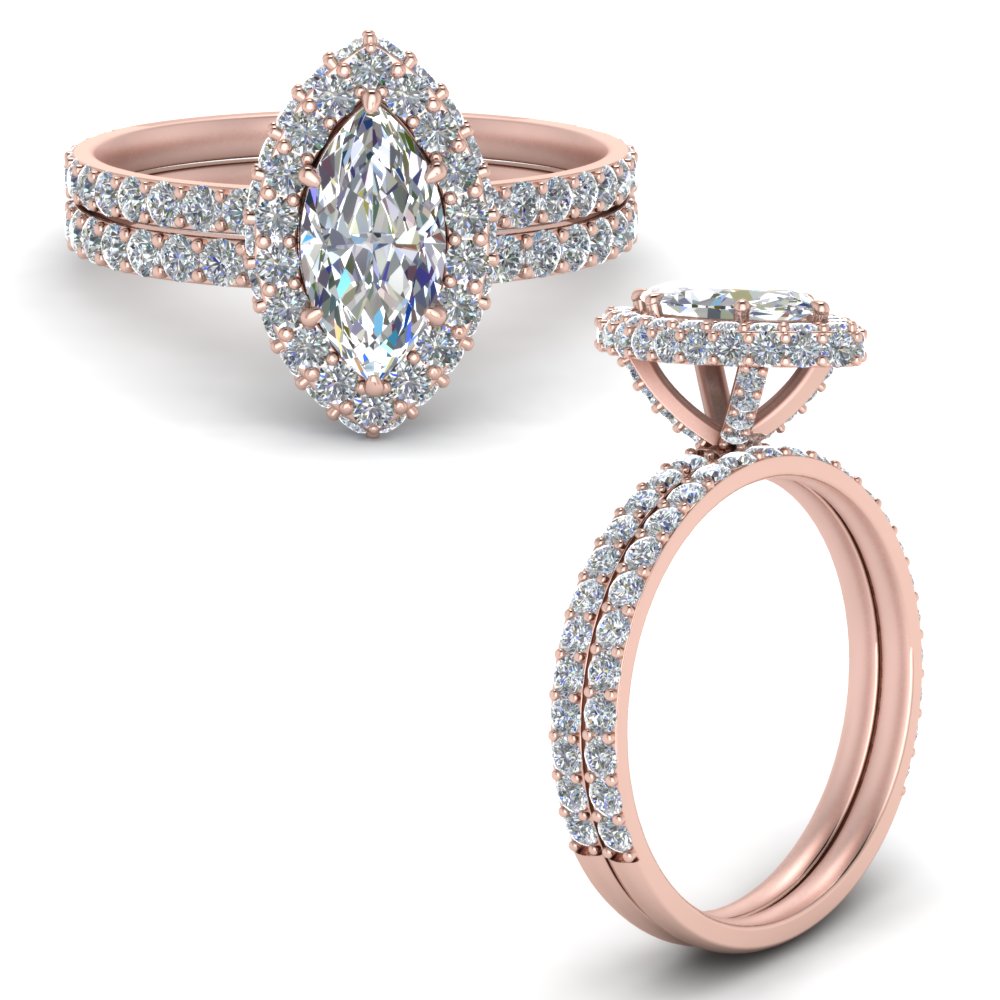 Marquise Halo Rollover Wedding Ring Set In 14K Rose Gold
