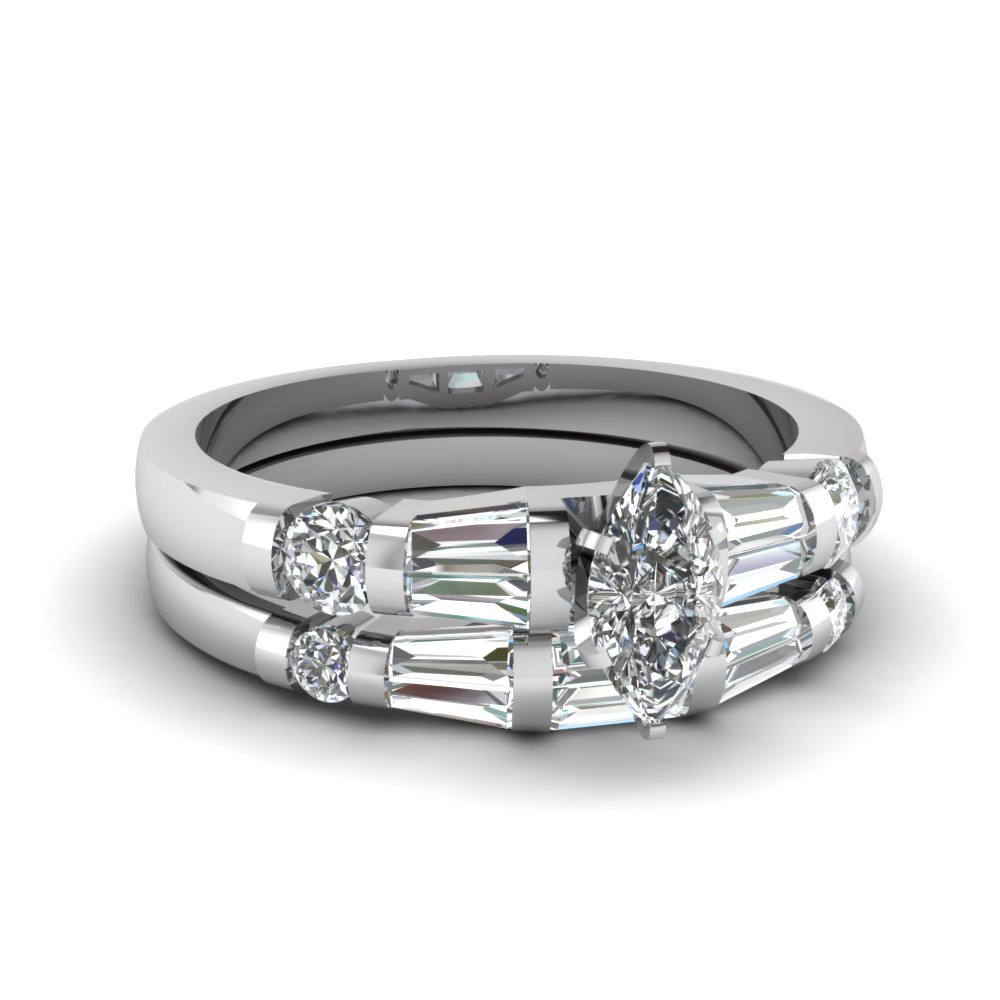 Marquise Shaped Diamond Bar Set Baguette Wedding Ring Sets